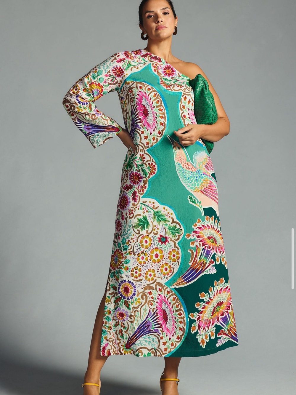 Anthropologie One-Shoulder Printed Teal Floral Maxi Shift Dress